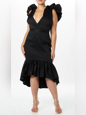 Making the Cut Black Ruffle Hem Tiered High Low V-Neck Dress XL